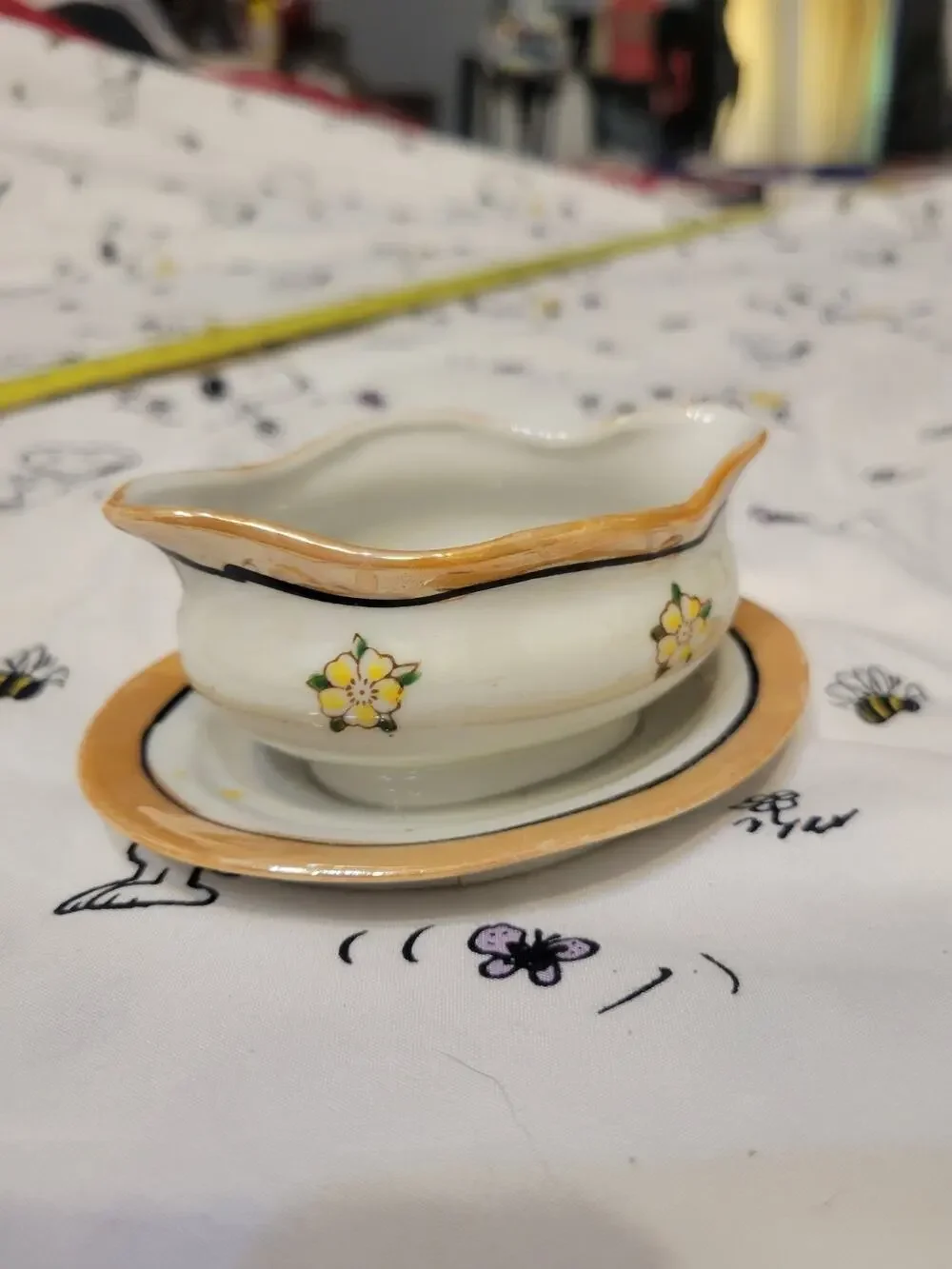 Vintage China Hand Painted Made In Japan Gravy Boat Flower Small Child Sized ?